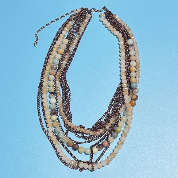 Multi-Strand Statement Necklace Gemstone Glass Beads Layered Chunky Antiqued - Picture 3 of 12
